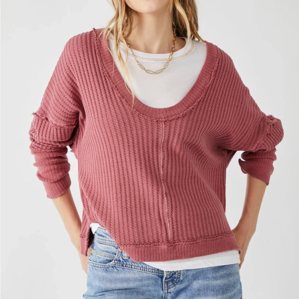 We The Free New Magic Waffle Knit Thermal Long Sleeve Top in Cowboy Size Large - Picture 1 of 8